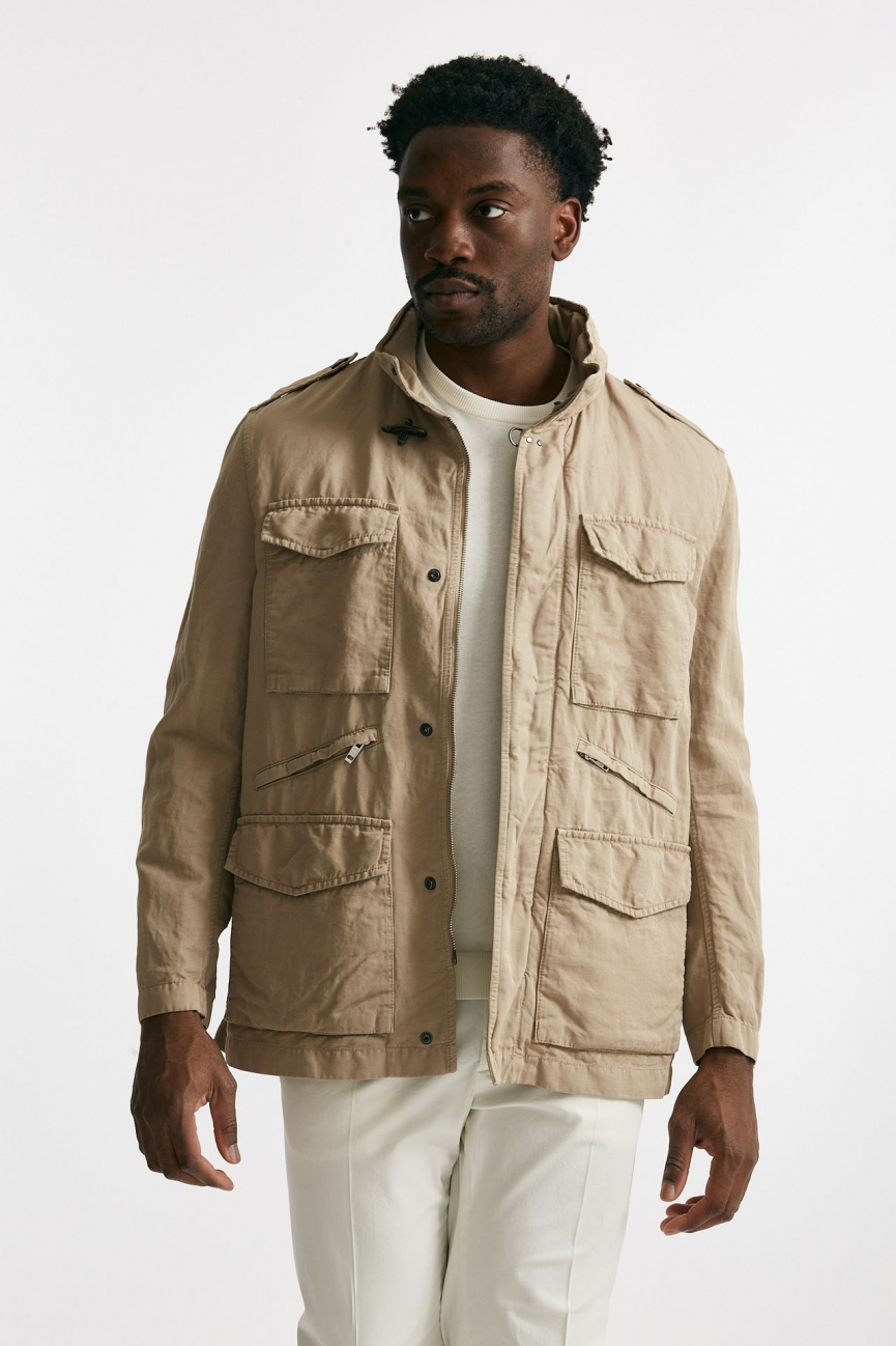 Field jacket in cotone e lino lavato beige