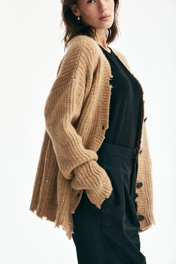 Cardigan over con pailettes cammello