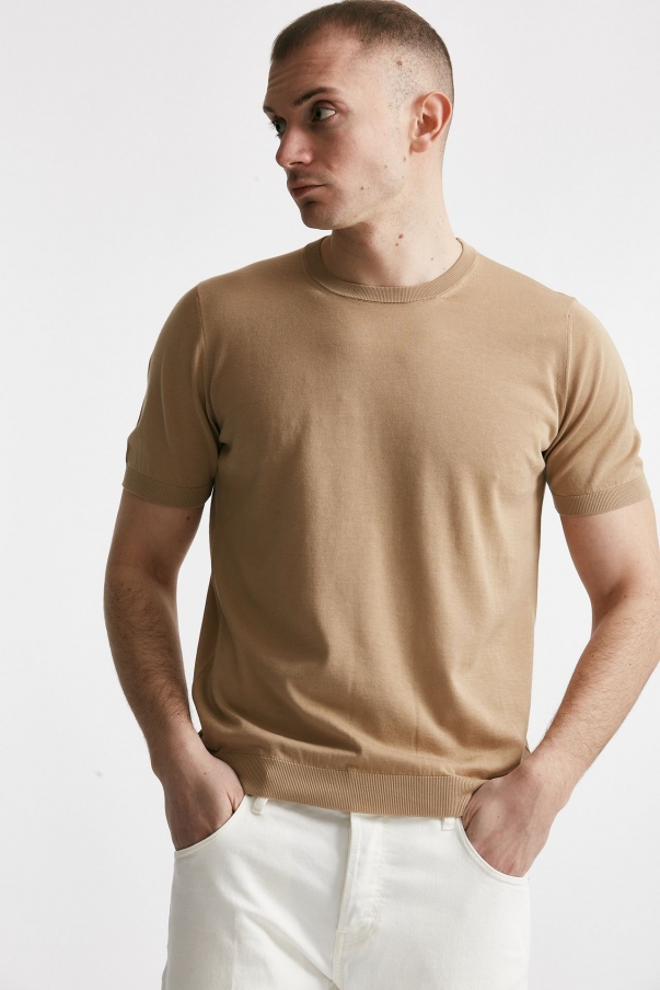 T-shirt in maglia cotone cammello