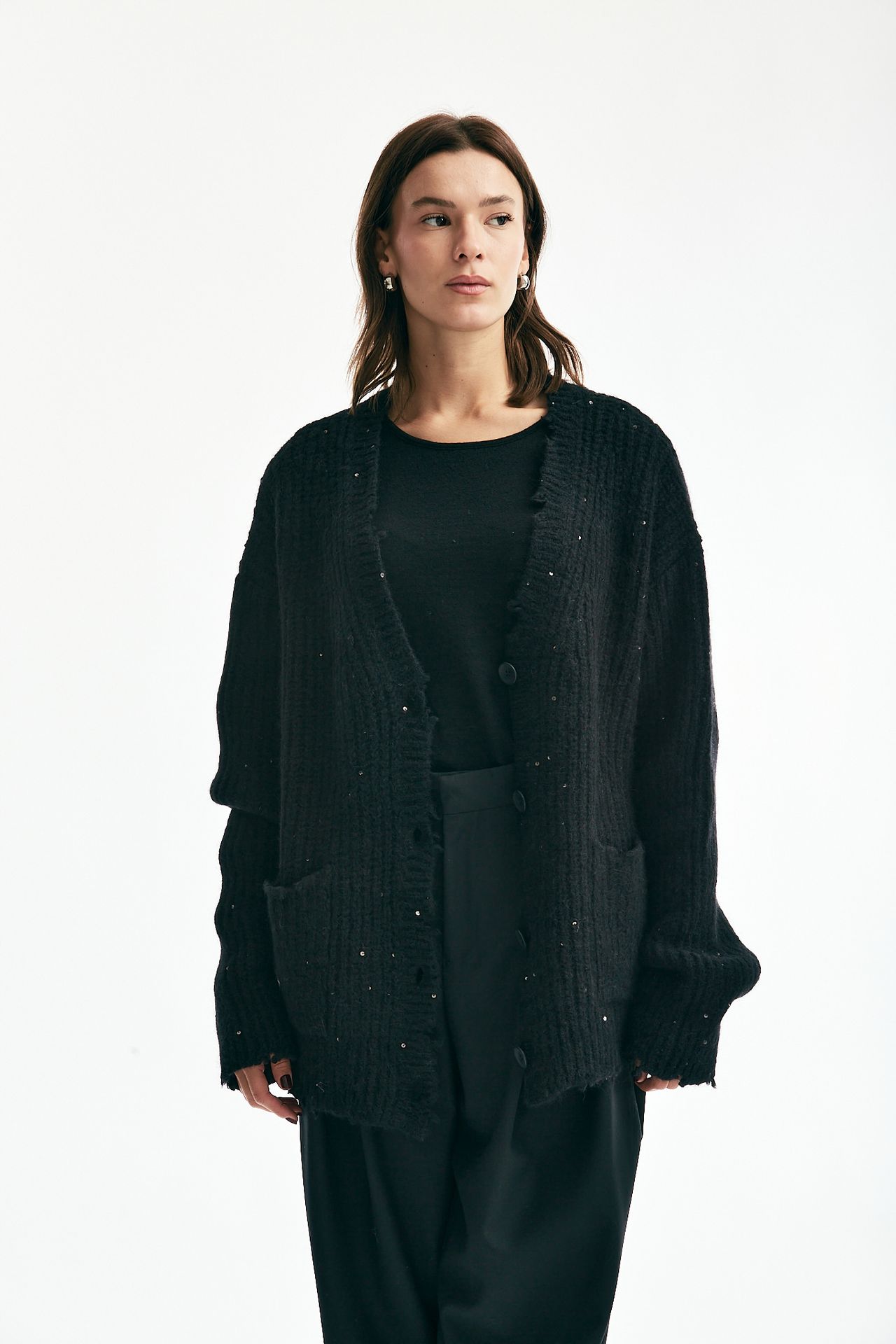 Cardigan over con pailettes nero