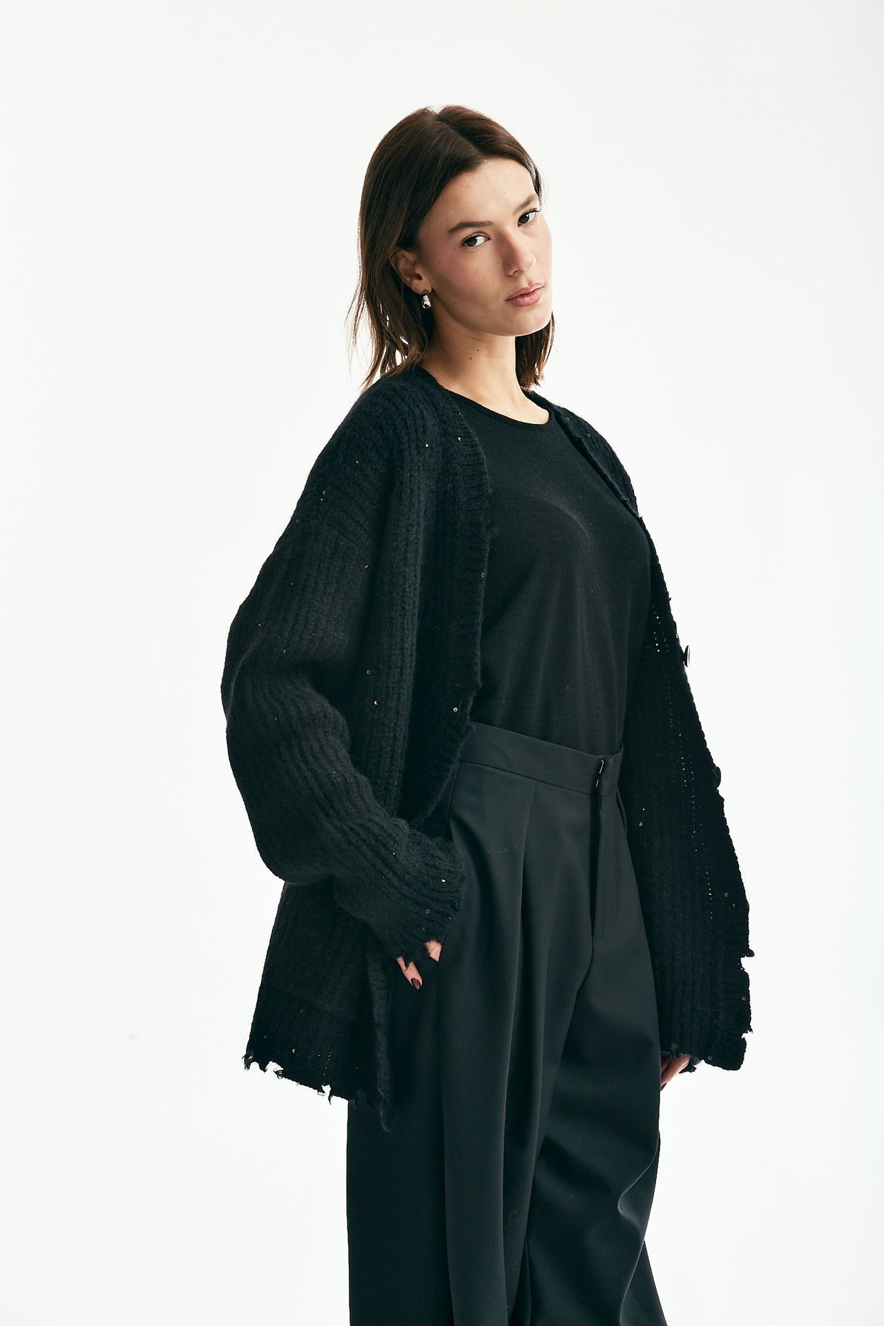 Cardigan over con pailettes nero