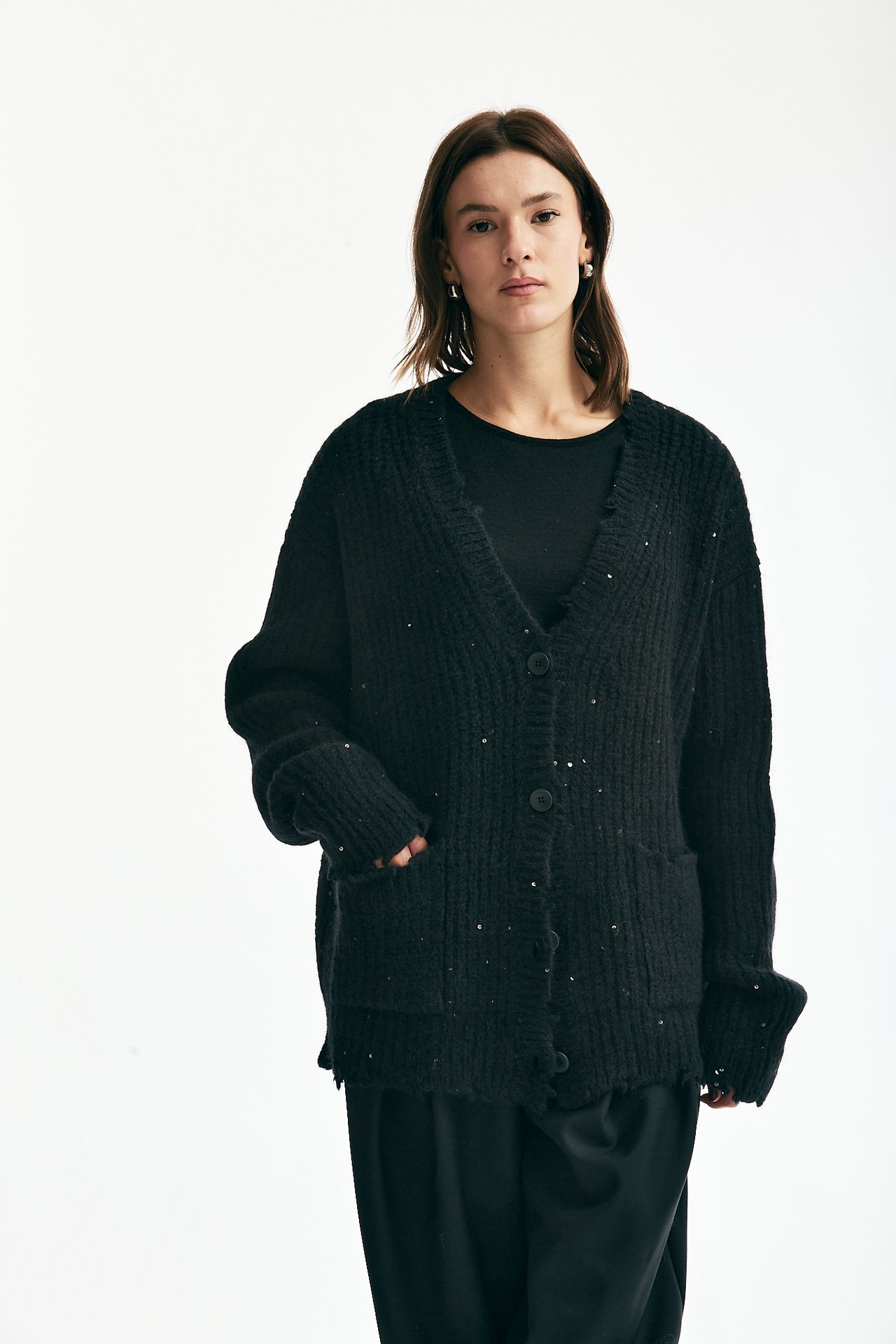 Cardigan over con pailettes nero